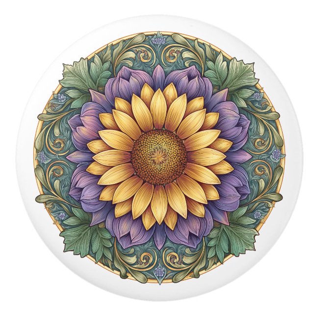 Pomo De Cerámica Medallón de girasol de Art Nouveau Lavender (Anverso)