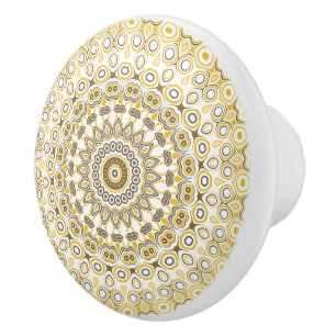 Pomo De Cerámica Medallón Kaleidoscope Yellows y Mandala blanca