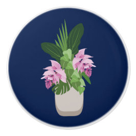 Pomo De Cerámica Medinilla tropical Vasa de flores rosadas en azul 