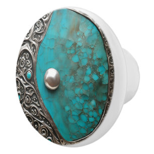 Pomo De Cerámica Metal y Piedra Abstractos en Verdigris Acuático