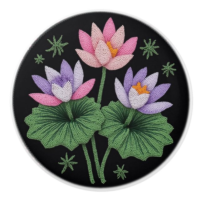 Pomo De Cerámica Metis Nativa Beadwork Floral Lotus Ceramic Knob (Anverso)