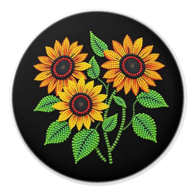 Pomo De Cerámica Metis Nativa Beadwork Sunflowers Cerámica Knob (Anverso)