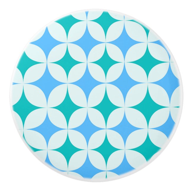 Pomo De Cerámica Mid Century Retro Starbursts Pattern Teal Blue (Anverso)