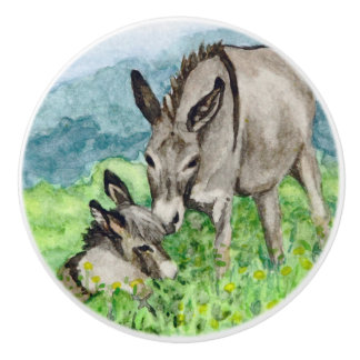 Pomo De Cerámica Miniatura de arte acuarela de mamá burro y bebé
