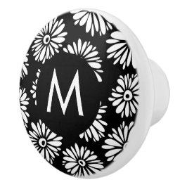 Pomo De Cerámica Minimalist Groovy Black and White Daisy Monogram