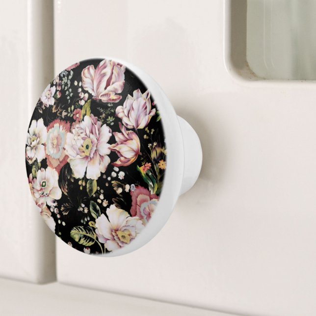 Pomo De Cerámica moda bohemia flores rosadas oscuras florales (bohemian chic blush pink flowers dark floral ceramic knob)