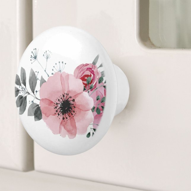 Pomo De Cerámica Moda botánica floral elegante flor rosa gris (Botanical chic floral elegant grey pink flower ceramic knob)