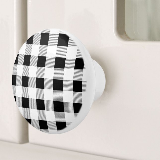 Pomo De Cerámica moda rústica de granja de yeso negro y blanco (rustic farmhouse chic black and white plaid ceramic knob)