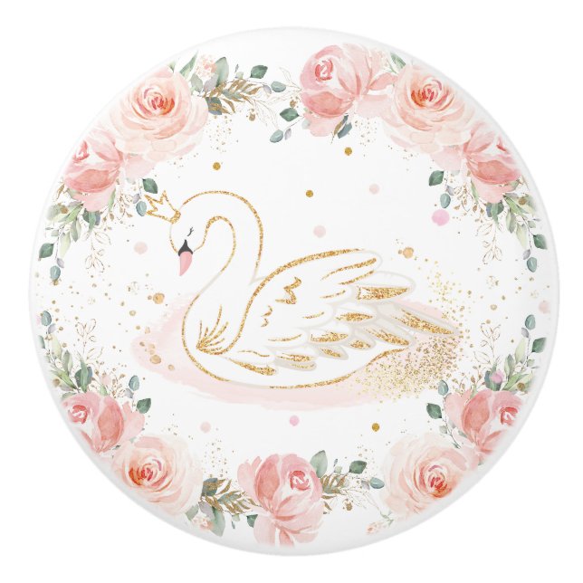 Pomo De Cerámica Moda Swan Princess Pastel Rubor Floral Gold (Anverso)