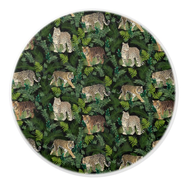 Pomo De Cerámica Moderno Leopards Tigers Jungle Planta Black Design (Anverso)