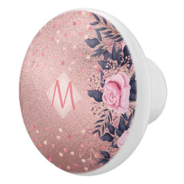 Pomo De Cerámica MONOGRAM floral azul rosado giratorio giratorio de