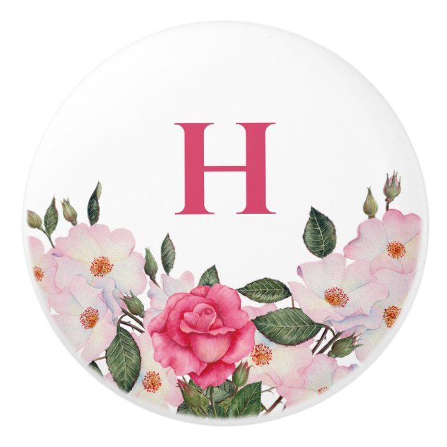 Pomo De Cerámica Monograma acuarela Tejidos blancos suaves rosados (Anverso)