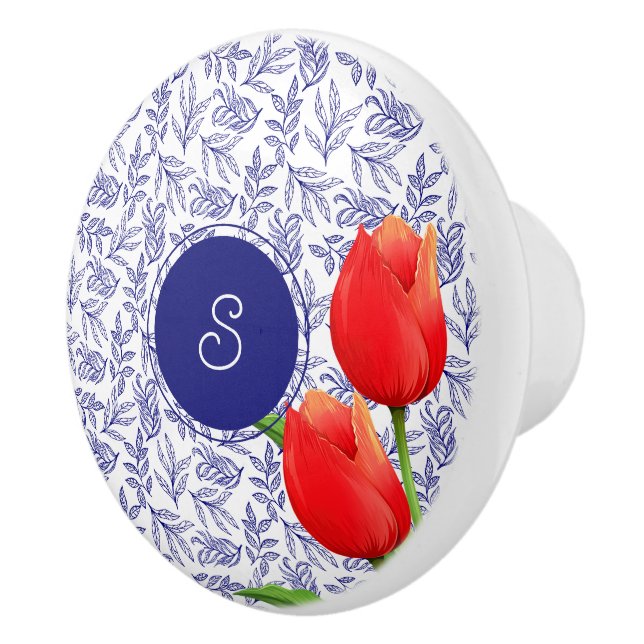 Pomo De Cerámica Monograma azul floral elegante de tulipanes rojos  (Derecha)