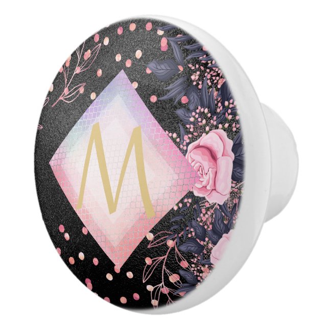 Pomo De Cerámica Monograma Chica de Purpurina metalúrgico rosado RO (Derecha)