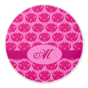 Pomo De Cerámica Monograma de Art Nouveau Damask Rosa