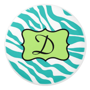 Pomo De Cerámica Monograma de arte de la piel de cebra blanca azul