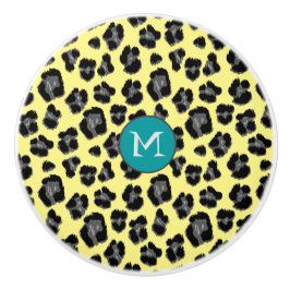 Pomo De Cerámica Monograma de impresión de leopardo gris amarillo