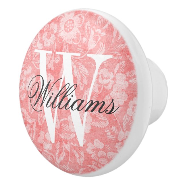 Pomo De Cerámica Monograma de impresión floral de cosecha coral (Derecha)