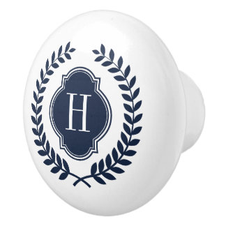 Pomo De Cerámica Monograma elegante Escudo de la guirnalda azul med