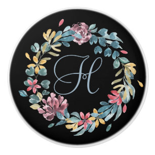 Pomo De Cerámica Monograma floral azul y rosa