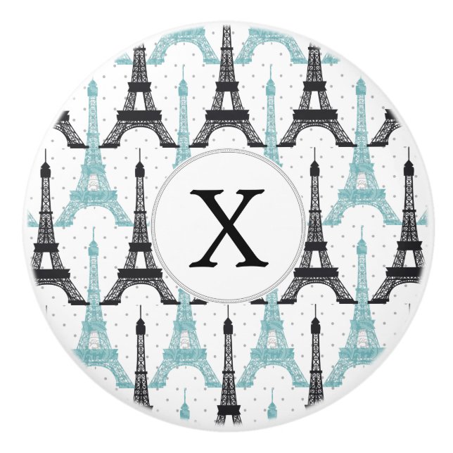 Pomo De Cerámica Monograma Moda Aqua Patrón Torre Eiffel (Anverso)