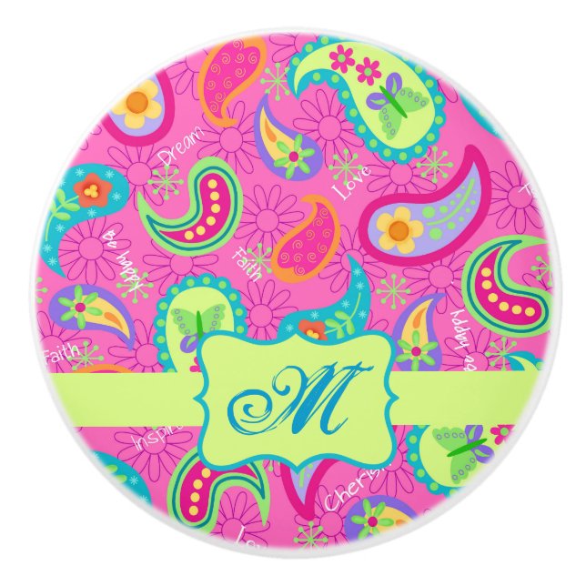 Pomo De Cerámica Monograma moderno Paisley Hot Pink Personalizado (Anverso)