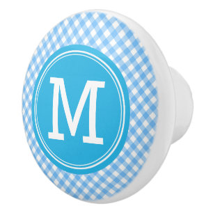 Pomo De Cerámica Monograma País Moda Bebé Azul Gingham