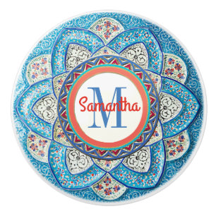 Pomo De Cerámica Monogramado azul turquesa marroquí tradicional
