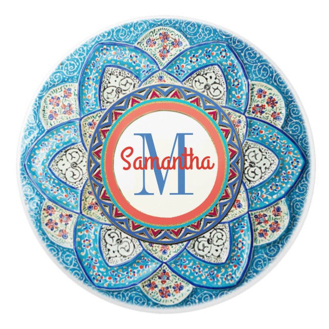 Pomo De Cerámica Monogramado azul turquesa marroquí tradicional (Anverso)