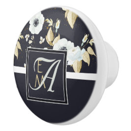 Pomo De Cerámica Monogramo Naval Azul Decoración Floral Blanco Anem