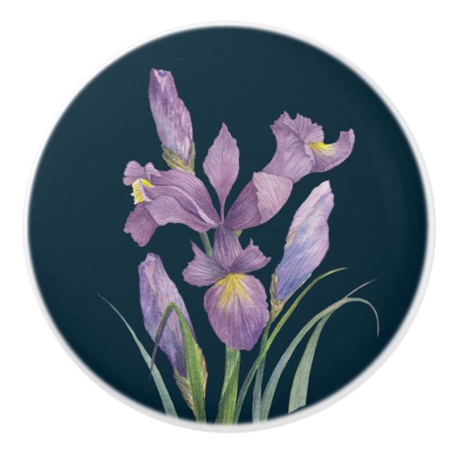 Pomo De Cerámica Morado Iris Botánico Floral Llanura Turquesa Oscur (Anverso)
