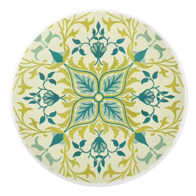 Pomo De Cerámica Morris Yellow Turquoise Vine & Flower Pattern (Anverso)