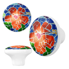 Pomo De Cerámica Mosaico Floral de Flor Roja Colorida