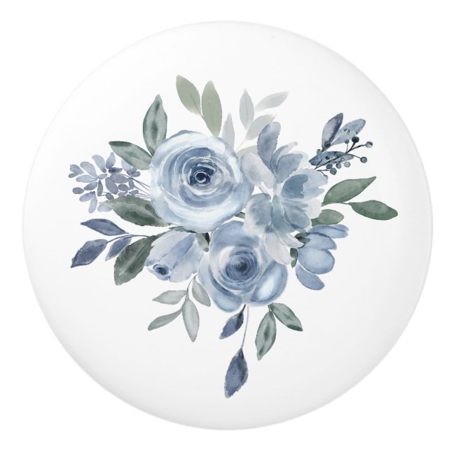 Pomo De Cerámica Muebles Flores Azules y Verdes  (Anverso)
