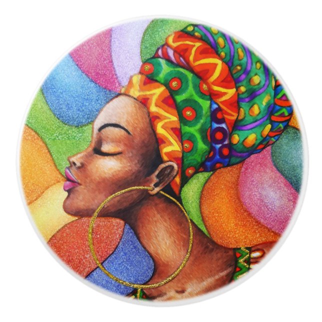 Pomo De Cerámica Mujer africana con tejidos tradicionales de cera (Anverso)