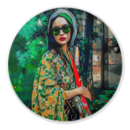 Pomo De Cerámica Mujer con gafas de sol verdes