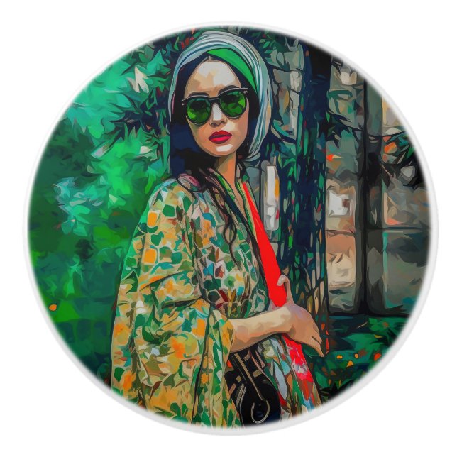 Pomo De Cerámica Mujer con gafas de sol verdes (Anverso)