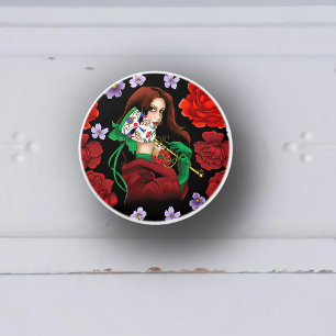 Pomo De Cerámica Mujer Elegante Máscara Veneciana Rojo Verde
