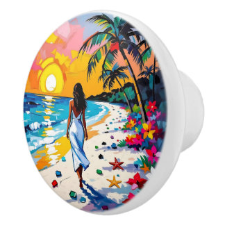 Pomo De Cerámica Mujer en escena tropical de playa Personalizada