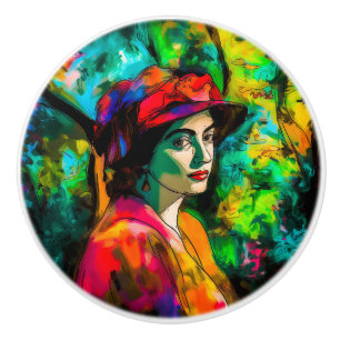 Pomo De Cerámica Mujer en Gorra rojo