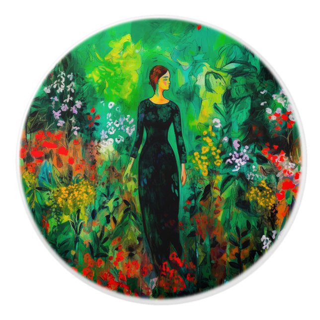 Pomo De Cerámica Mujer en la hermosa pradera verde (Anverso)