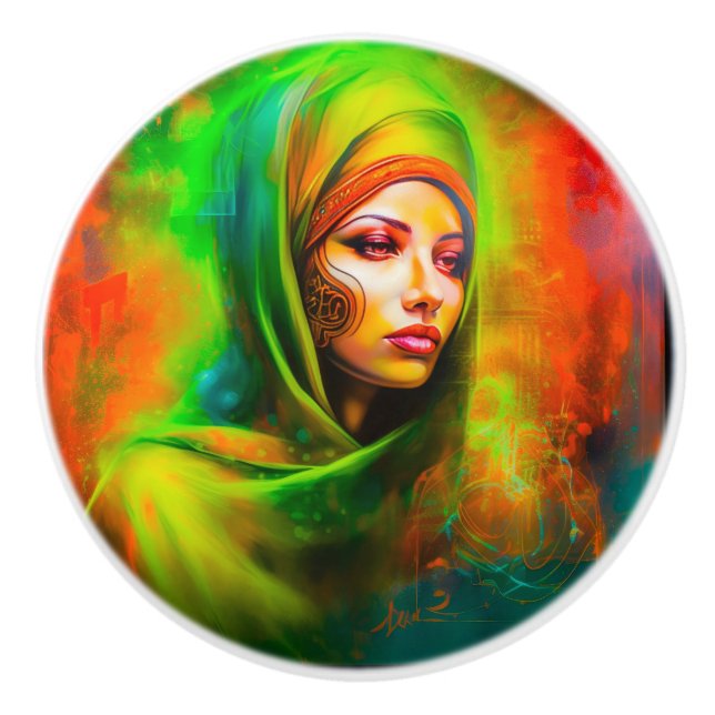 Pomo De Cerámica Mujer mística en colores neones (Anverso)