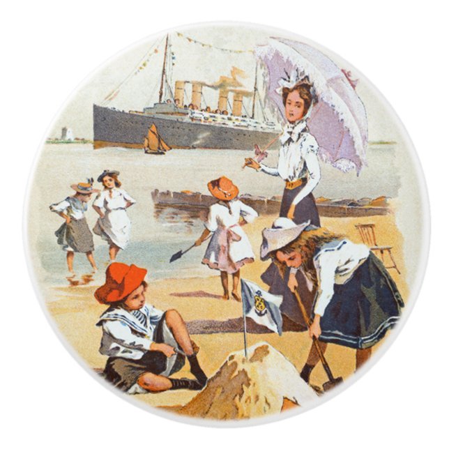 Pomo De Cerámica Mujer ~ Paraguas ~ Niños ~ Línea Hamburgo-Amerika (Anverso)