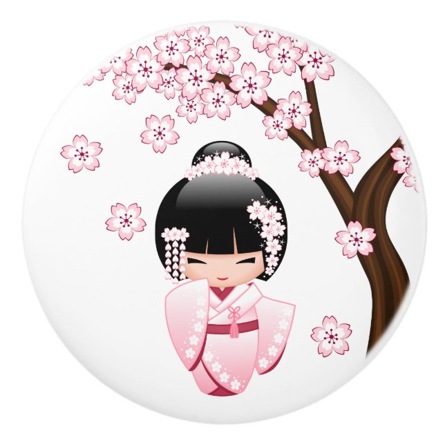 Pomo De Cerámica Muñeca blanca de Kokeshi del kimono - chica de (Anverso)