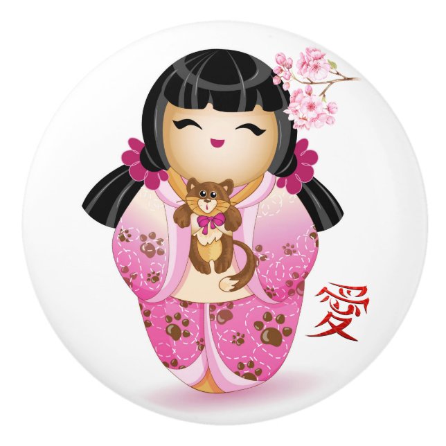 Pomo De Cerámica Muñeca de amor kokeshi japonesa (Anverso)