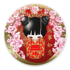 Pomo De Cerámica Muñeca japonesa de la buena suerte Kokeshi