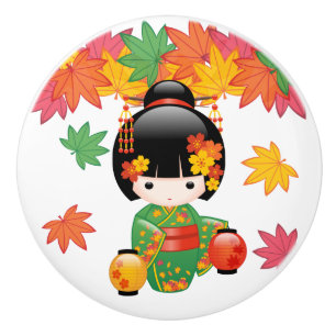 Pomo De Cerámica Muñeca Kokeshi Caída - Chica de Kimono Verde Geish