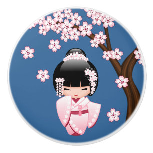 Pomo De Cerámica Muñeca Kokeshi de Kimono Rosa sobre Azul