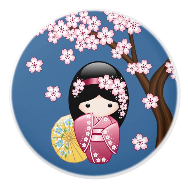 Pomo De Cerámica Muñeca Kokeshi de primavera - Geisha japonesa suav (Anverso)