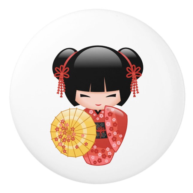 Pomo De Cerámica Muñeca roja sakura kokeshi - Cuidada geisha japone (Anverso)
